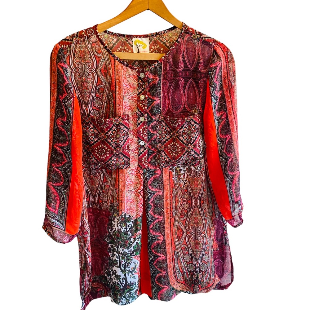 Fig & Flower Western Anthropologie Floral Patchwork Print Sheer Blouse